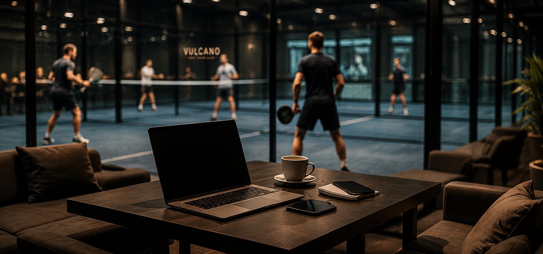 VULCANO Social Club Lounge mit Blick auf die Padel Courts